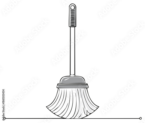 Grayscale line art illustration of a string mop for cleaning floors and household chores