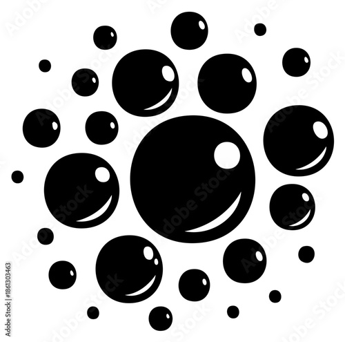 Monochrome vector artwork depicting a cluster of ascending soap suds spheres with bright highlights