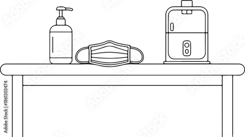Home dialysis machine line art sterile setup vector, a minimalist line drawing of a table with a bottle of hand sanitizer outline, a mask, and the machine linear