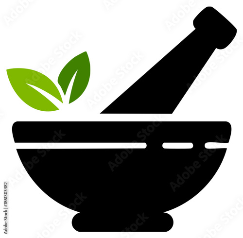 Natural Medicine Mortar and Pestle Icon with Fresh Green Leaves