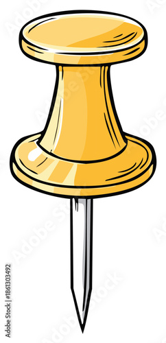 Bright yellow pushpin office supply single thumbtack isolated cartoon graphic illustration stationery item