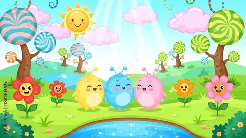 Cartoon scene with animated characters and candy trees