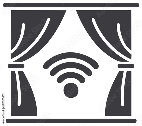 Smart home automation concept: stage curtains with wireless internet signal; a modern house equipped with high-tech facilities.