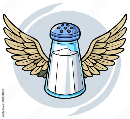 Illustrated cartoon salt shaker with large beige angel wings flying