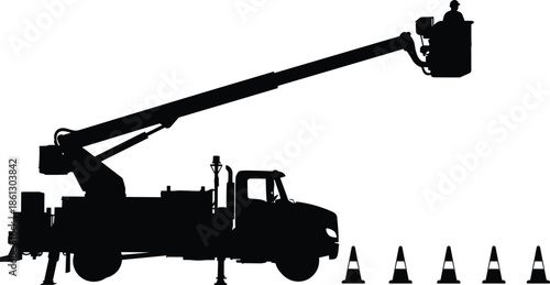Utility worker in bucket truck silhouette, electrical power line maintenance, aerial lift vector illustration, street repair service, telecommunications engineering concept.