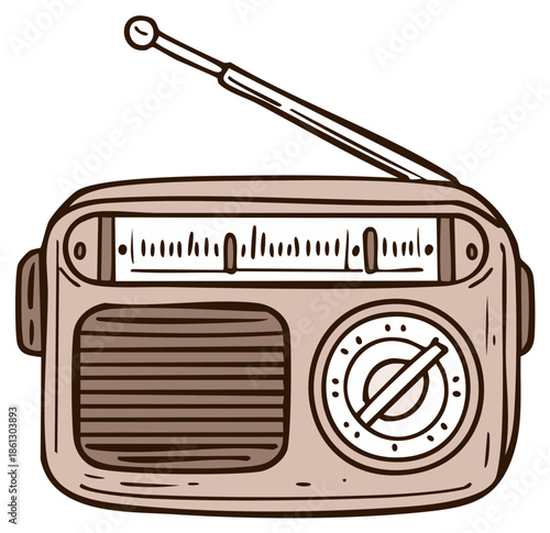 Vintage Radio Illustration, Analog Receiver with Antenna, Nostalgic Media and Entertainment Device, Antique Sound System