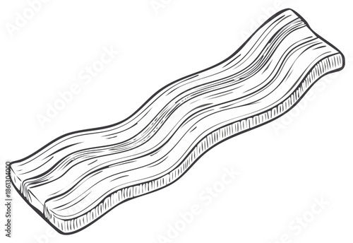 Stylized sketch of a slice of crispy bacon, detailed monochrome vector drawing of cured pork meat on white, wavy bacon rasher
