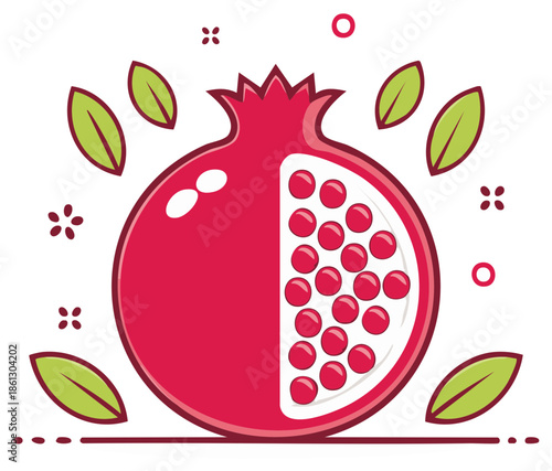 Vibrant Pomegranate Illustration with Seeds and Leaves in a Flat Design Style for Healthy Food Concepts