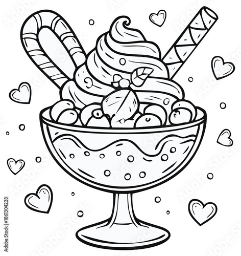 Cute cartoon ice cream sundae dessert in a glass bowl with hearts for coloring