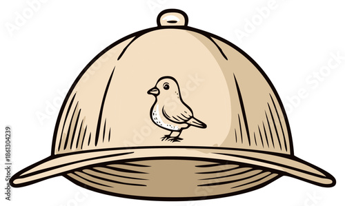 Illustration of a bowler hat with a bird design