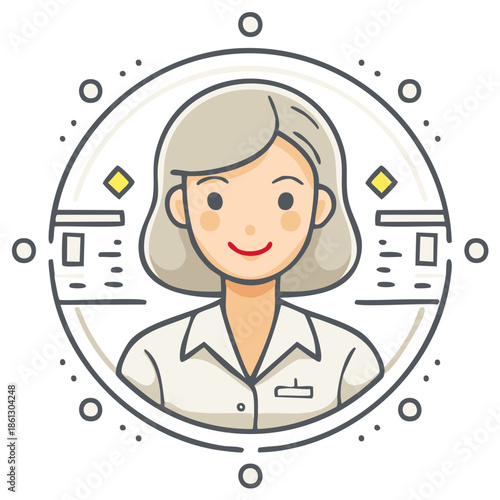 Cartoon Woman in White Shirt with Circle Frame UI Elements and Light Hair