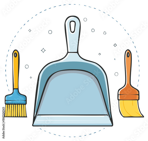 Dustpan and two brushes for cleaning and tidying up household chores