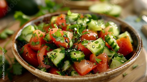 A bowl of fresh tomato and cucumber salad