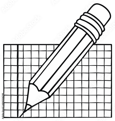 Hand drawn illustration of a graphite pencil writing on graph paper with eraser detail