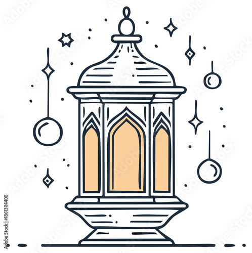 Elegant lantern sketch adorned with celestial stars and orbs, simple doodle style