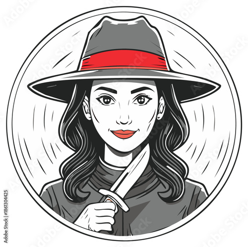 Dangerous woman in a hat holding a knife, pop art comic book style, grey and red color palette