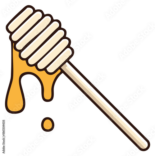 Sweet honey dripping from a wooden dipper with isolated white background