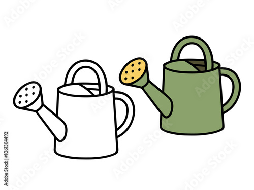 Simple watering can illustration with a colored version and an outline version, clean and minimal style suitable for icons, UI design, stickers, gardening graphics, and educational materials.