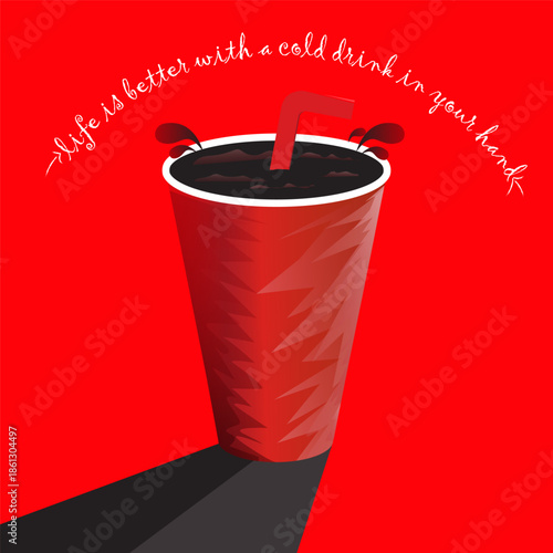 Cold fizzy soft drinks in a cup isolated over red background with highlights and shadows.Vector illustration of softdrink with straw.Abstract graphic art with bright red colour that is editable. 