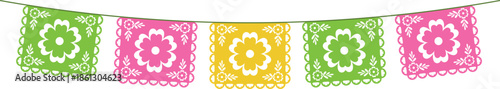 Decorative Mexican paper decoration, Papel Picado. A festive paper garland with a floral lace pattern. Isolated vector illustration on a transparent background.