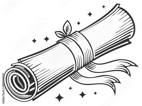 Vintage Rolled Scroll Tied with Ribbon and Leaves Black White Illustration