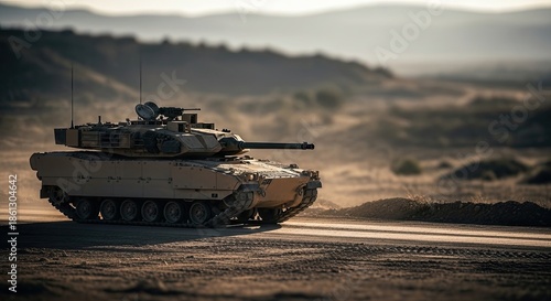 A military tank on a desert road.