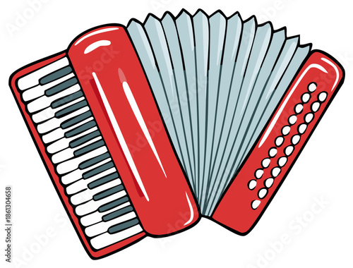 Bright red piano accordion musical instrument cartoon style illustration