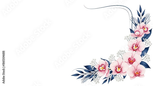 Hand painted luxury watercolor corner frame featuring orchids and baby's breath in navy and blush pink isolated on white background