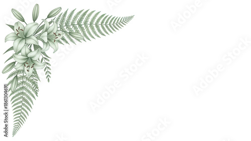 Hand painted minimal floral border corner with lilies and fern in soft sage green isolated on white background