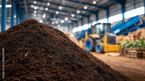 Close-up of a pile of organic compost material inside a large indoor facility, rich textures of decomposing plant matter, soft industrial lighting highlighting details, blurred bac