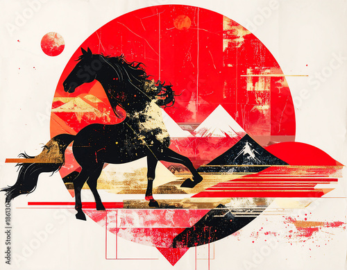 赤い太陽と富士山を背に躍動する黒馬。金箔と幾何学模様が彩る新春の飛躍アート。