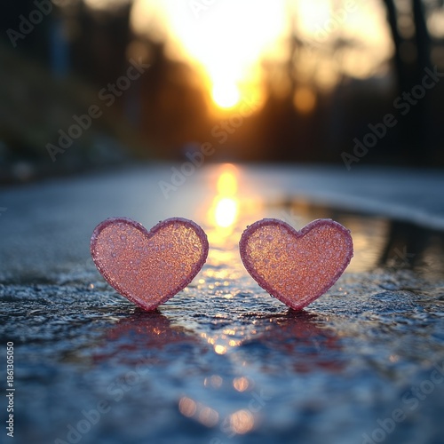Two sparkling pink hearts at sunset on a rainy street create a romantic scene
