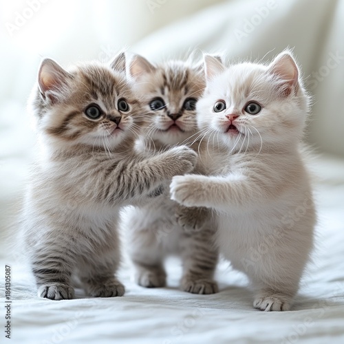 Three playful kittens exploring a soft cozy white blanket in bright light