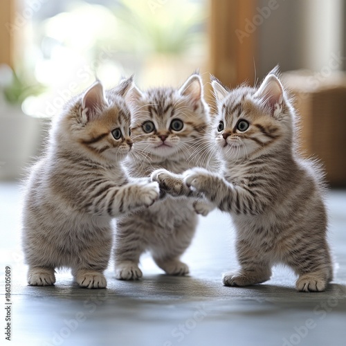 Playful kittens engage in a lively gathering on a sunny afternoon