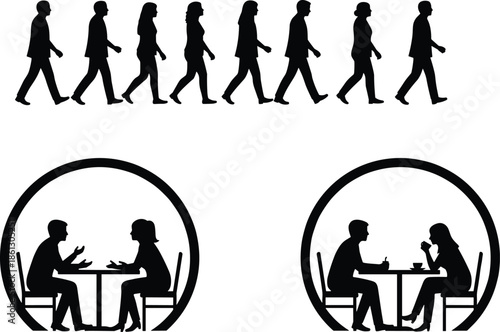 Walking people silhouettes, conversation couple illustration, café meeting scene, human figures talking, social interaction graphic, communication concept artwork