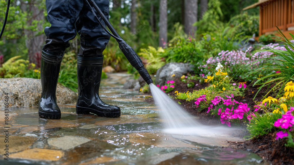 Fototapeta premium Garden maintenance scene, person in black rubber boots using pressure washer on stone pathway, moss and grime washing away, vibrant foliage and flowers surrounding path, sparkling