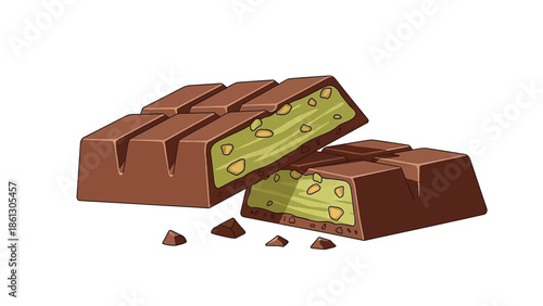 Broken Chocolate Bar with Green Pistachio Filling, Luxury Middle Eastern Dessert Vector