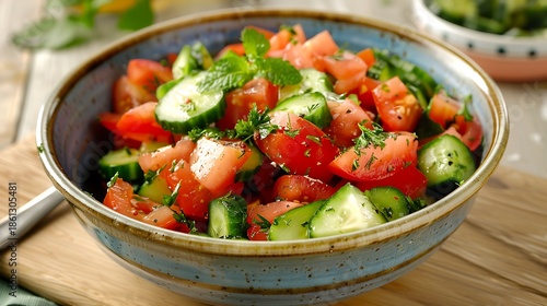 A bowl of fresh tomato and cucumber salad