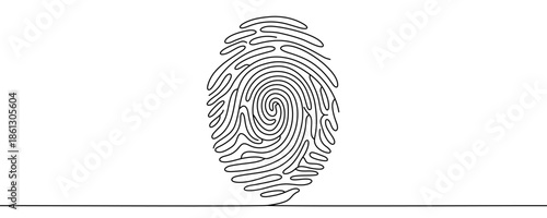 Fingerprint in vertical orientation. Drawing in one line art style with editable black stroke on a white background. Vector illustration.