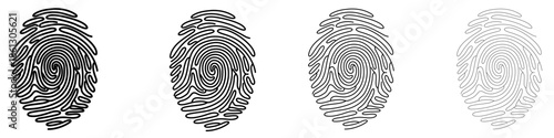 Fingerprint icon. Biometric identification, outline lines of various thicknesses. Pictogram of a papillary pattern without a scanner frame. Four style variations. Vector illustration.