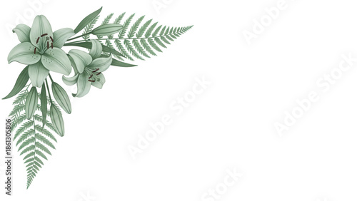 Hand painted minimal floral border corner with lilies and fern in soft sage green isolated on white background