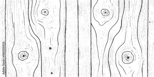 Stylized black and white sketch illustrating natural wood grain texture and knots on planks