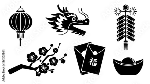 A collection of traditional chinese new year symbols featuring a lantern, dragon, and lucky items