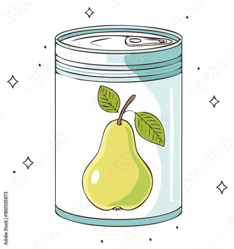 Charming hand drawn illustration of a sparkling tin can with a fresh green pear on the label