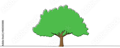 Spreading deciduous tree with a green crown and brown trunk. Drawing in one line art style with editable black stroke on a white background. Vector illustration.