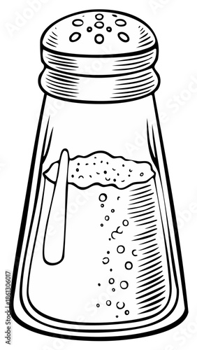 Clear glass salt shaker filled with granulated salt and spoon illustration