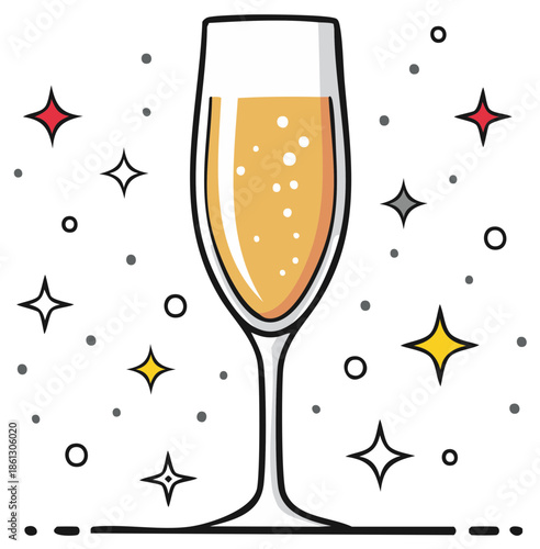 Festive champagne glass with bubbles and stars vector illustration