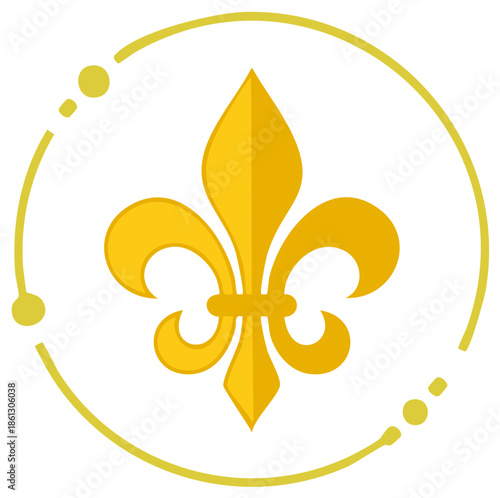 Elegant gold Fleur de lis heraldic symbol inside a modern circular dotted frame icon