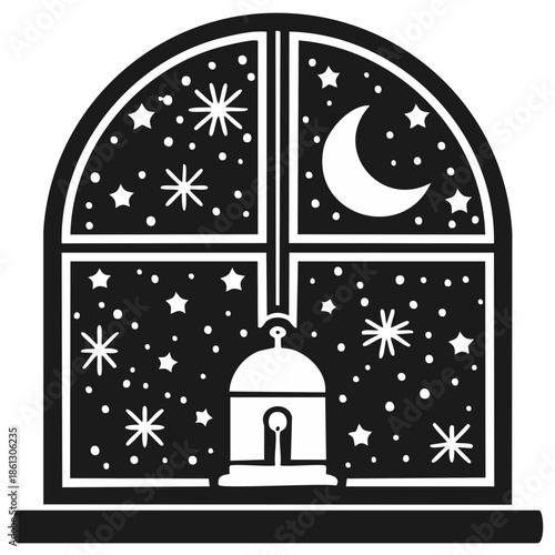Silhouette of a glowing lantern seen through an arched window at night under a starry sky and crescent moon