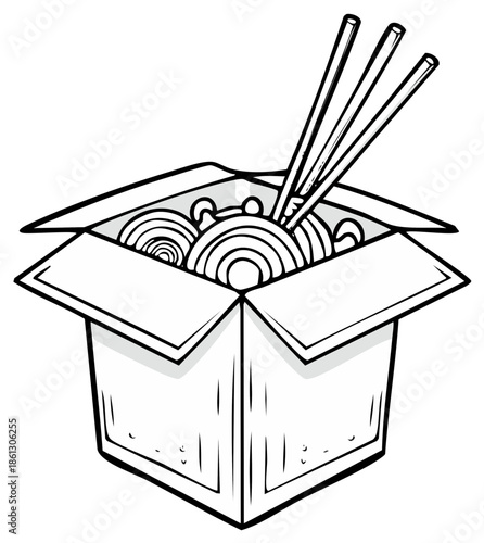 Open takeout box filled with noodles and chopsticks ready to eat